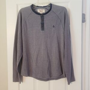 Penguin Mens Blue Navy Trim Henley Shirt Size Large Long Sleeve Knit